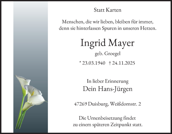 Traueranzeige von Ingrid Mayer von Tageszeitung