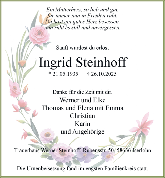 Traueranzeige von Ingrid Steinhoff von Tageszeitung