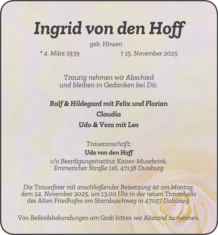  Traueranzeige für Ingrid von den Hoff vom 22.11.2025 aus Tageszeitung