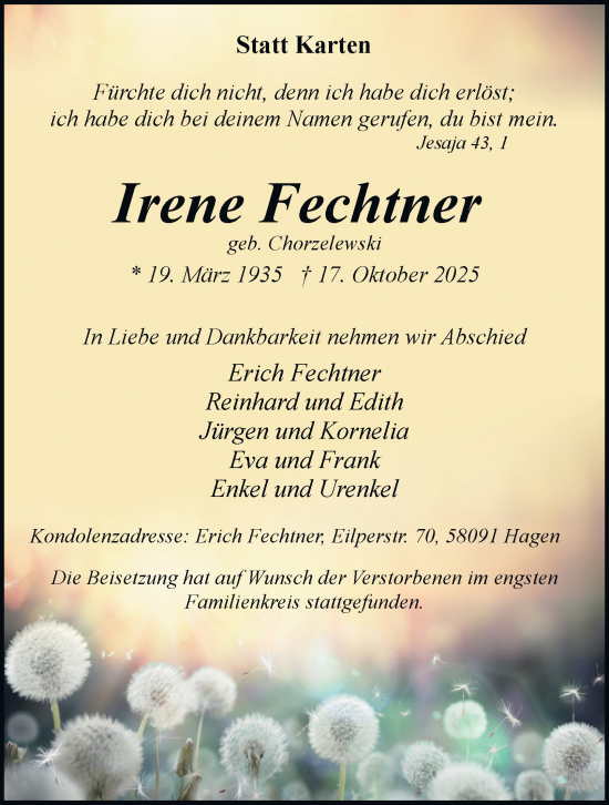 Traueranzeige von Irene Fechtner von Tageszeitung