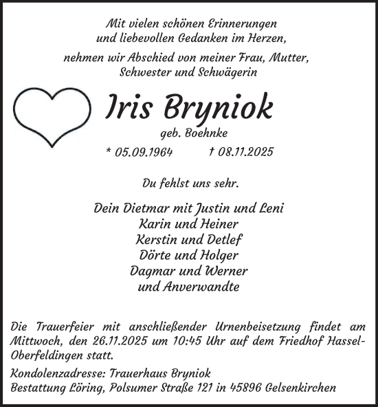 Traueranzeige von Iris Bryniok von Tageszeitung