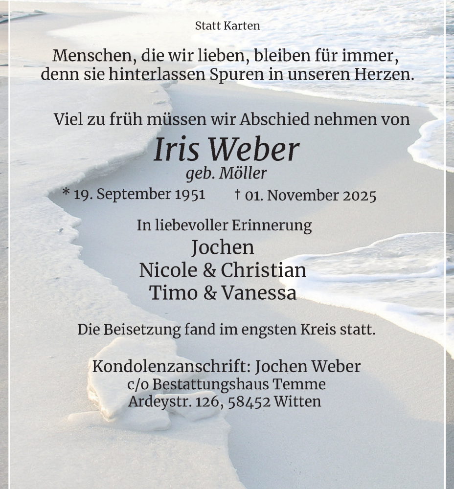  Traueranzeige für Iris Weber vom 15.11.2025 aus Tageszeitung