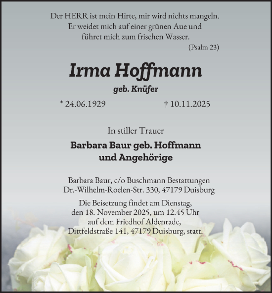 Traueranzeige von Irma Hoffmann von Tageszeitung