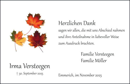 Traueranzeige von Irma Versteegen von Tageszeitung