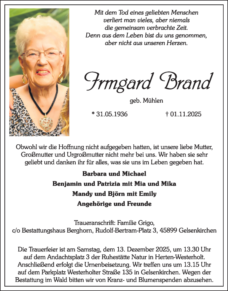  Traueranzeige für Irmgard Brand vom 29.11.2025 aus Tageszeitung