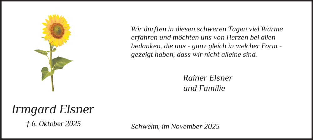  Traueranzeige für Irmgard Elsner vom 15.11.2025 aus Tageszeitung