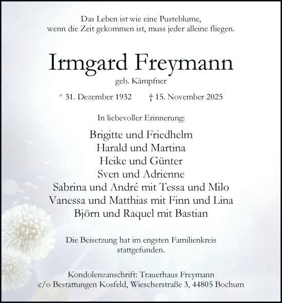 Traueranzeige von Irmgard Freymann von Tageszeitung