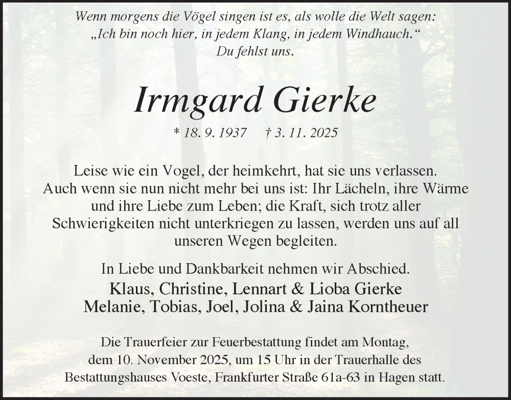  Traueranzeige für Irmgard Gierke vom 08.11.2025 aus Tageszeitung