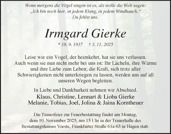Traueranzeige von Irmgard Gierke von Tageszeitung