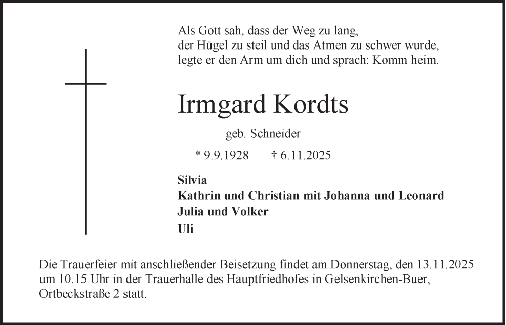  Traueranzeige für Irmgard Kordts vom 12.11.2025 aus Tageszeitung