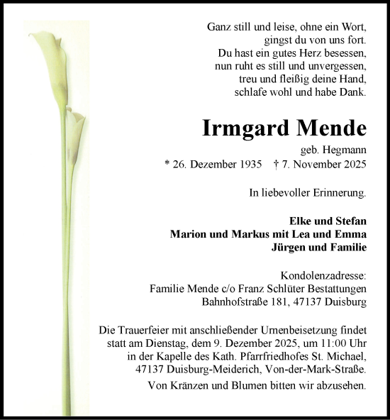 Traueranzeige von Irmgard Mende von Tageszeitung