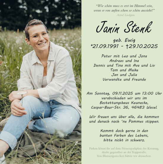 Traueranzeige von Janin Stenk von Tageszeitung
