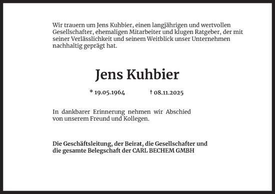 Traueranzeige von Jens Kuhbier von Tageszeitung