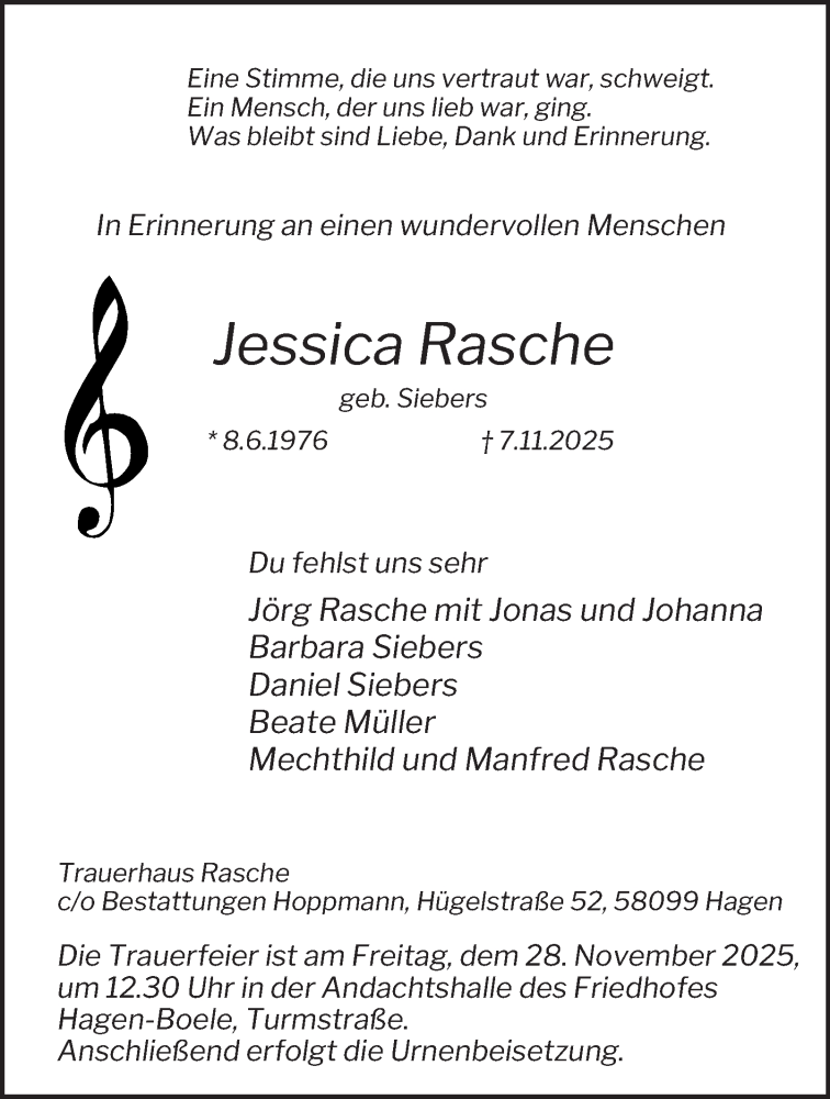  Traueranzeige für Jessica Rasche vom 22.11.2025 aus Tageszeitung