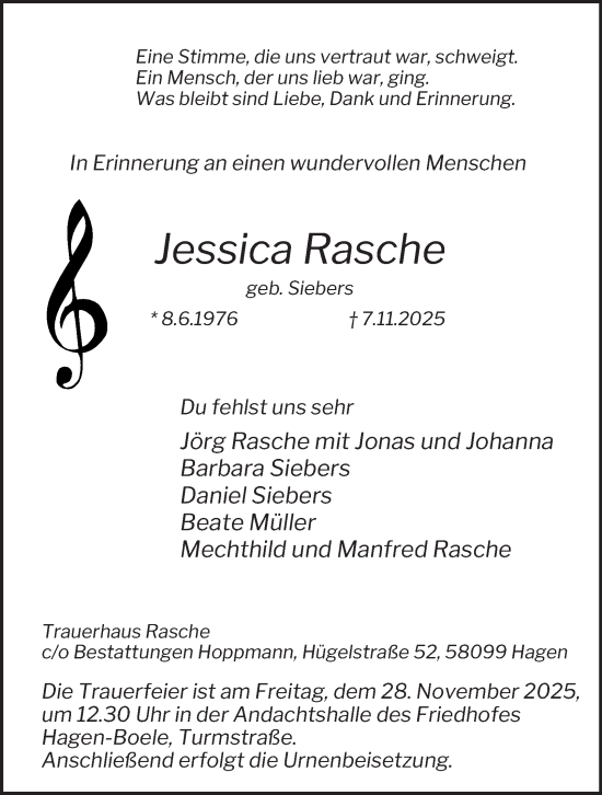 Traueranzeige von Jessica Rasche von Tageszeitung
