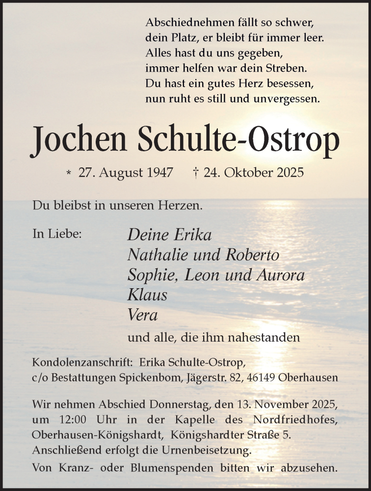  Traueranzeige für Jochen Schulte-Ostrop vom 08.11.2025 aus Tageszeitung