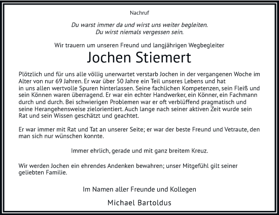 Traueranzeige von Jochen Stiemert von Tageszeitung