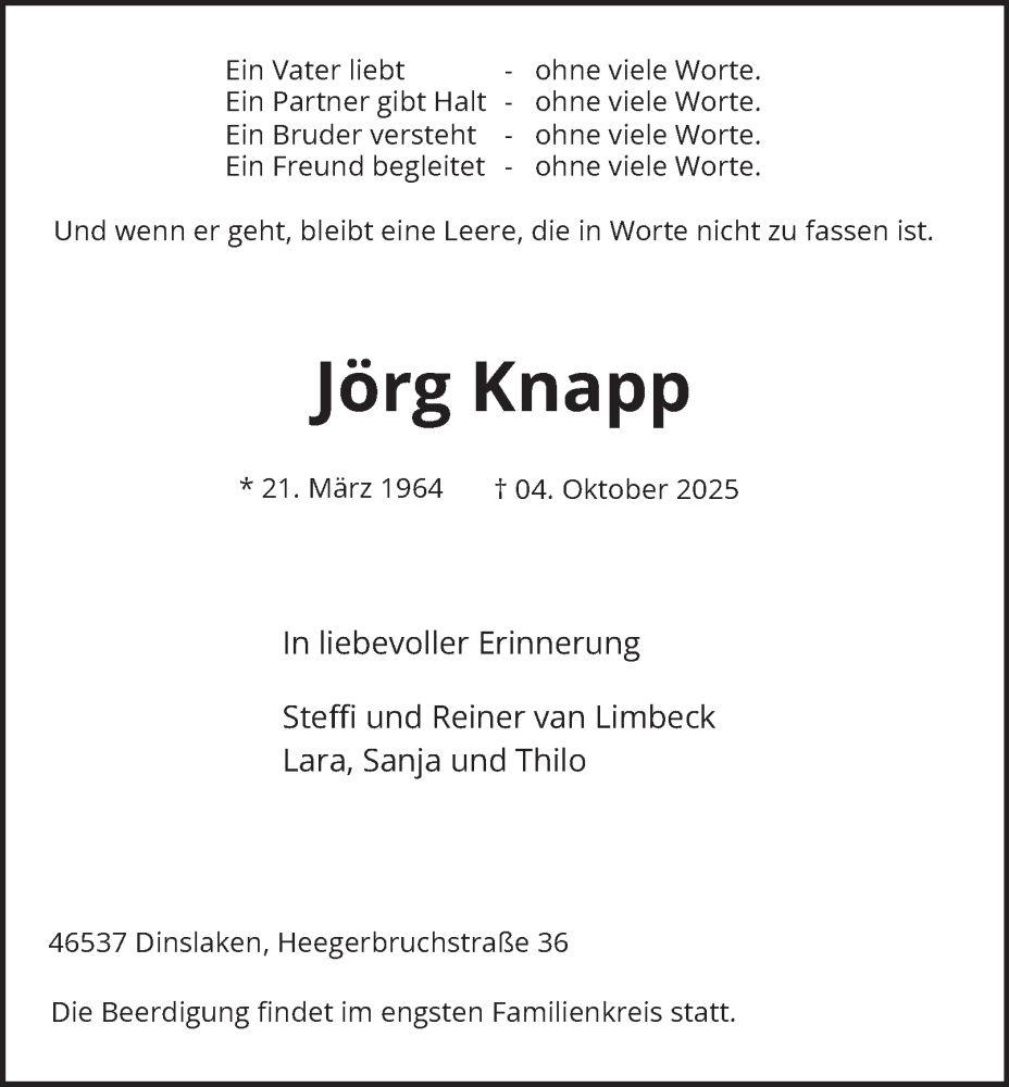  Traueranzeige für Jörg Knapp vom 08.11.2025 aus Tageszeitung