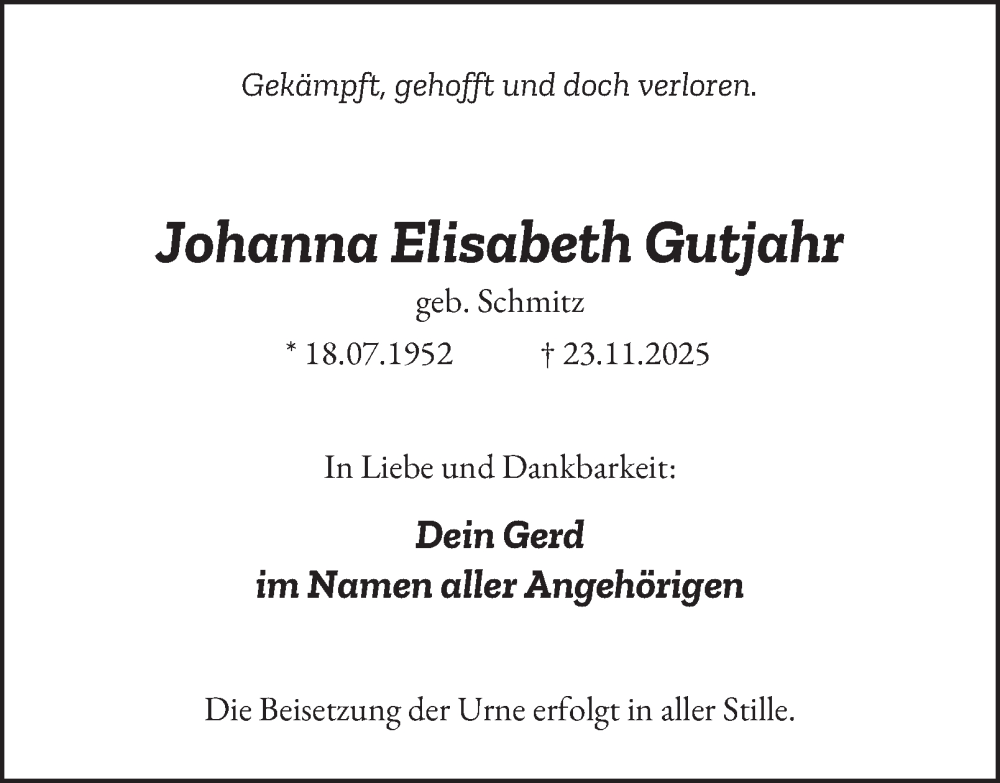  Traueranzeige für Johanna Elisabeth Gutjahr vom 29.11.2025 aus Tageszeitung