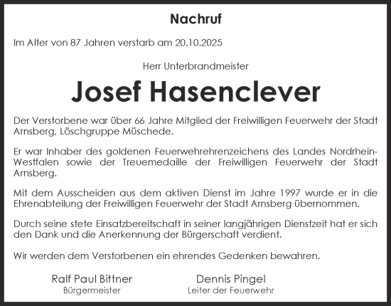 Traueranzeige von Josef Hasenclever von Tageszeitung