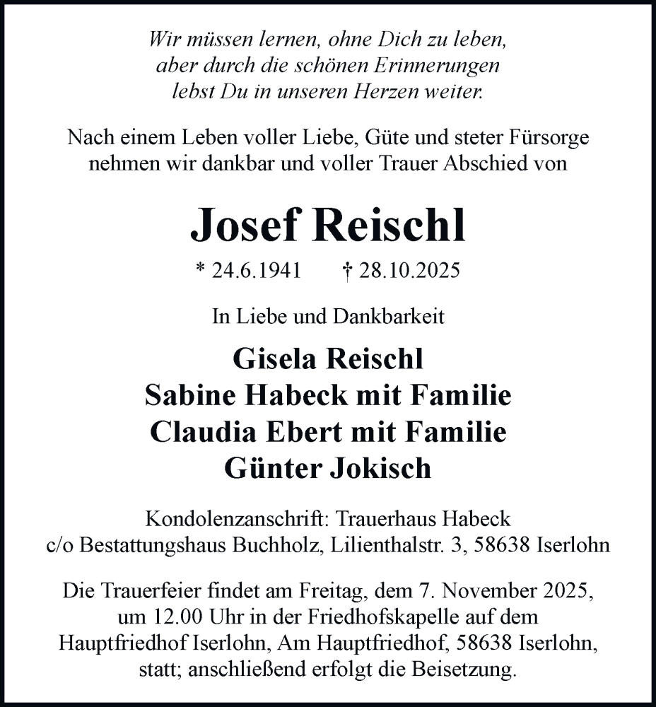  Traueranzeige für Josef Reischl vom 03.11.2025 aus Tageszeitung