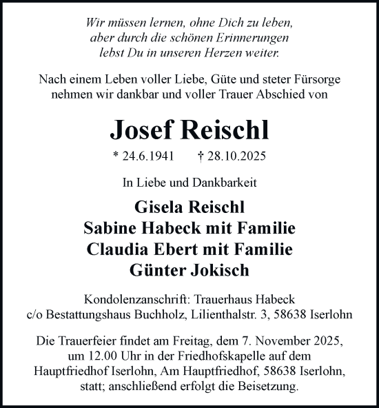 Traueranzeige von Josef Reischl von Tageszeitung