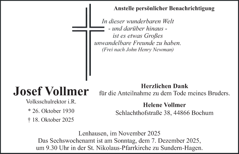  Traueranzeige für Josef Vollmer vom 29.11.2025 aus Tageszeitung