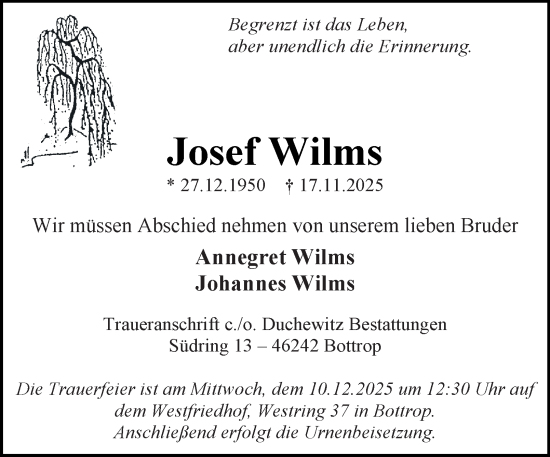 Traueranzeige von Josef Wilms von Tageszeitung