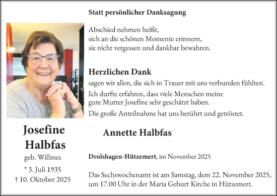 Traueranzeige von Josefine Halbfas von Tageszeitung
