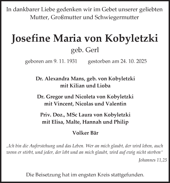 Traueranzeige von Josefine Maria von Kobyletzki von Tageszeitung