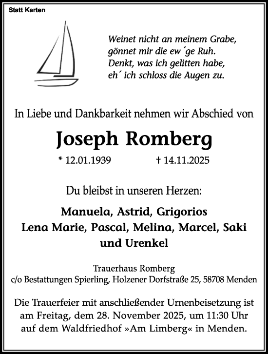 Traueranzeige von Joseph Romberg von Tageszeitung