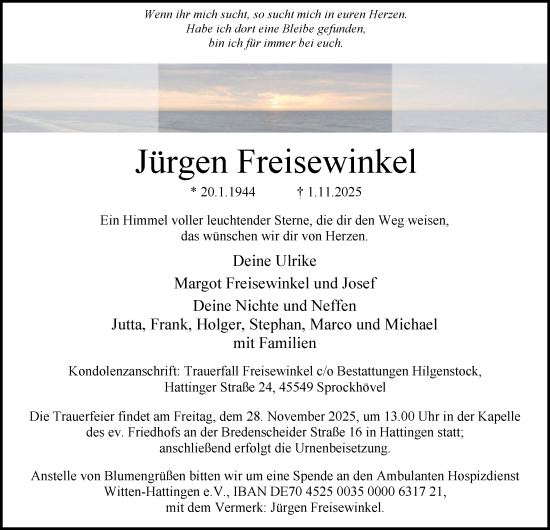 Traueranzeige von Jürgen Freisewinkel von Tageszeitung