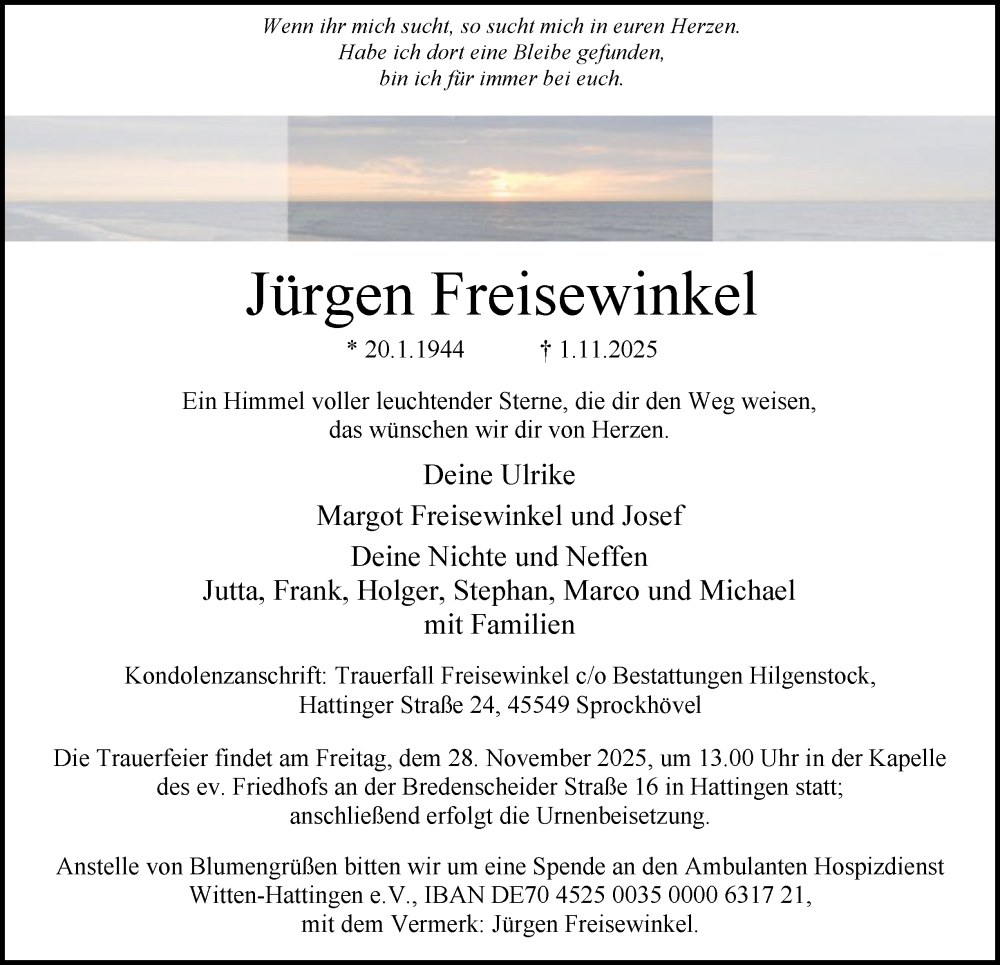  Traueranzeige für Jürgen Freisewinkel vom 22.11.2025 aus Tageszeitung