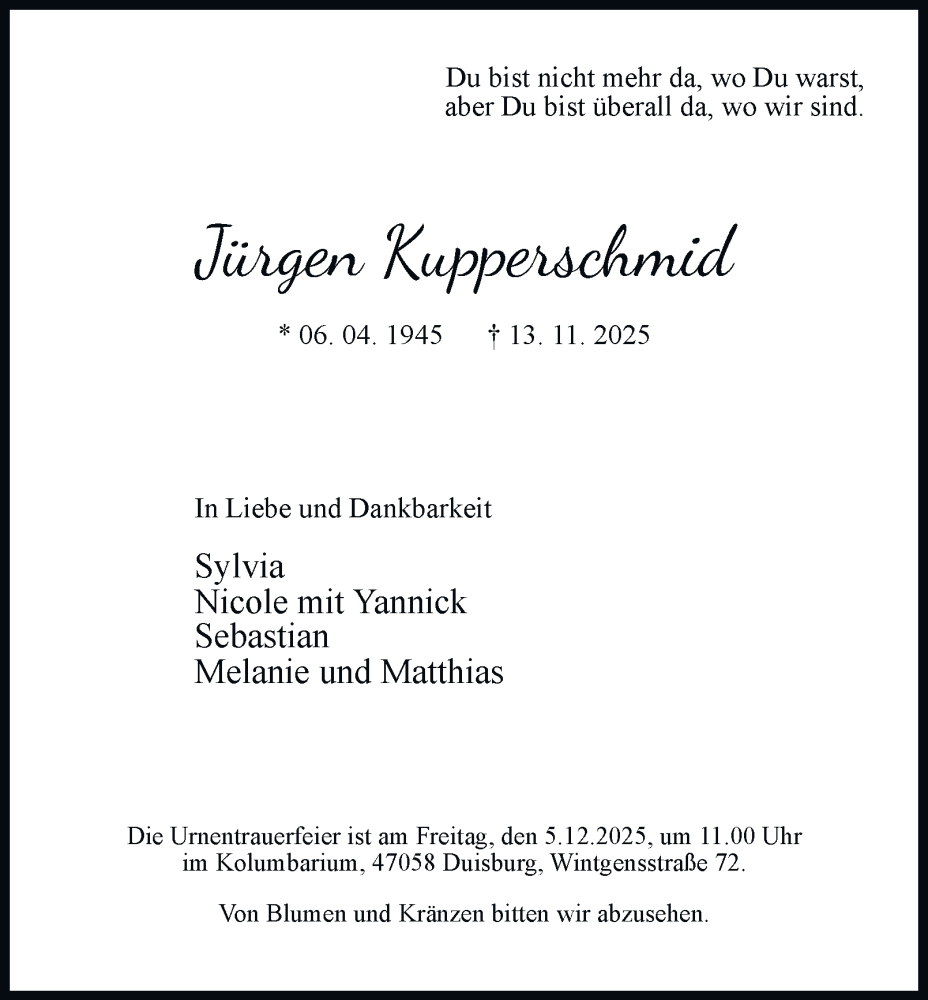  Traueranzeige für Jürgen Kupperschmid vom 29.11.2025 aus Tageszeitung