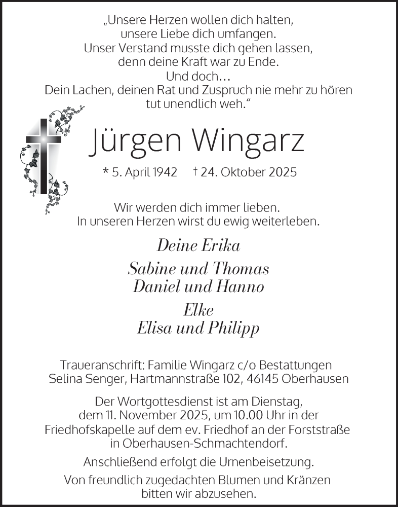  Traueranzeige für Jürgen Wingarz vom 08.11.2025 aus Tageszeitung