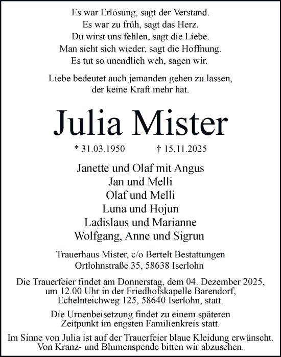 Traueranzeige von Julia Mister von Tageszeitung