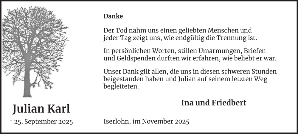  Traueranzeige für Julian Karl vom 29.11.2025 aus Tageszeitung