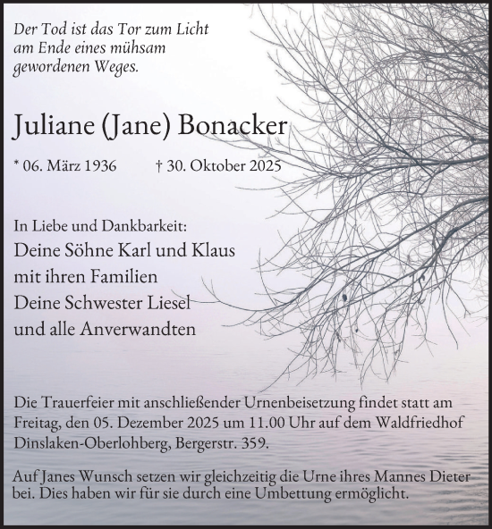 Traueranzeige von Juliane Bonacker von Tageszeitung