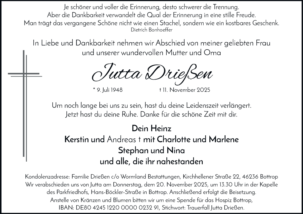  Traueranzeige für Jutta Drießen vom 15.11.2025 aus Tageszeitung