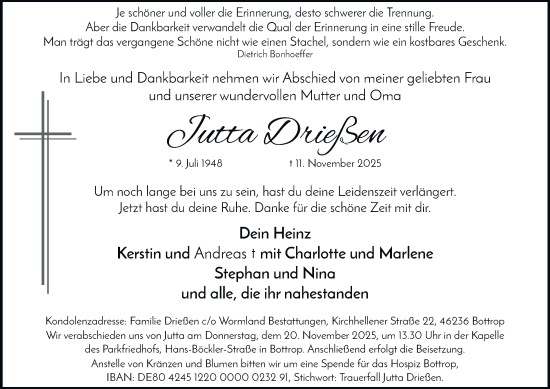 Traueranzeige von Jutta Drießen von Tageszeitung