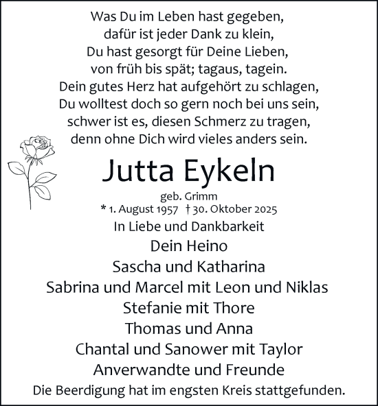Traueranzeige von Jutta Eykeln von Tageszeitung