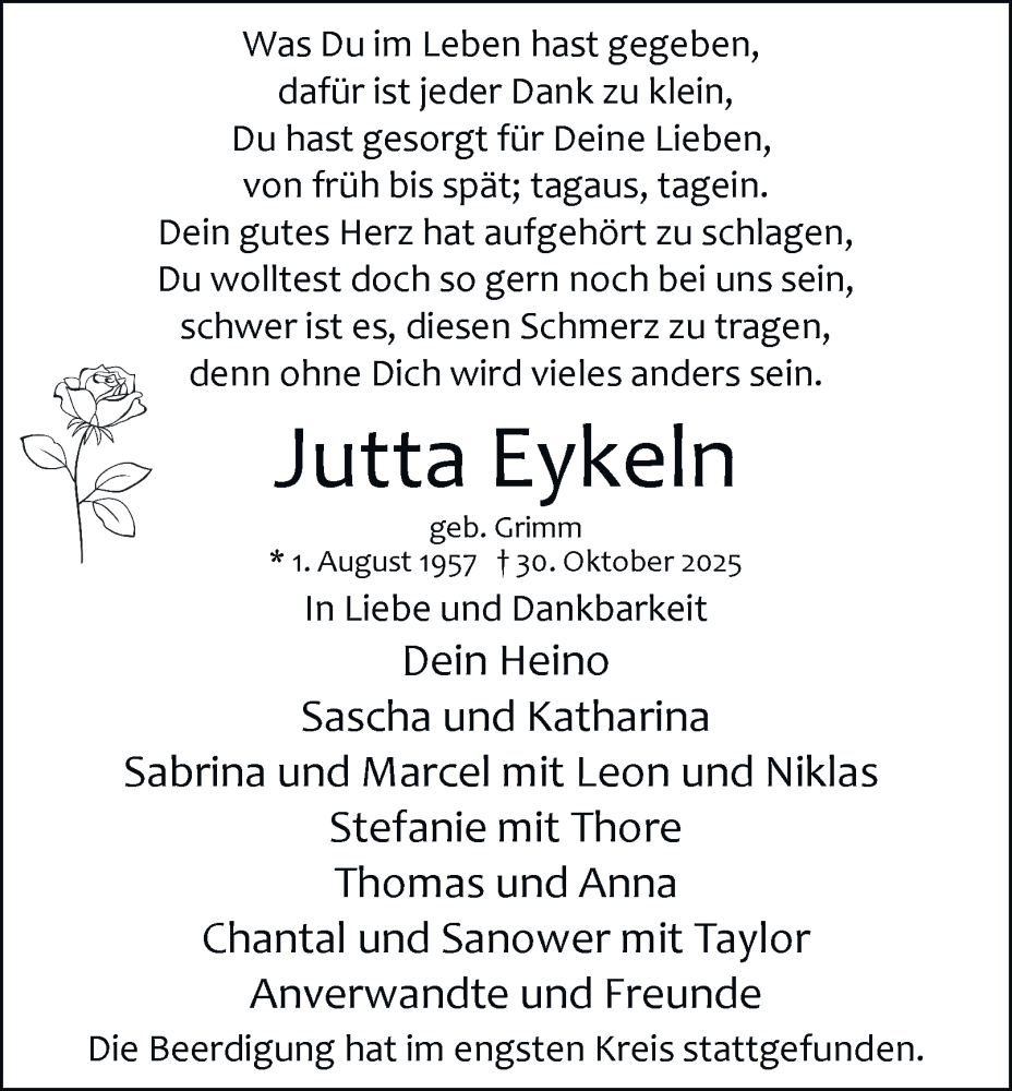  Traueranzeige für Jutta Eykeln vom 15.11.2025 aus Tageszeitung