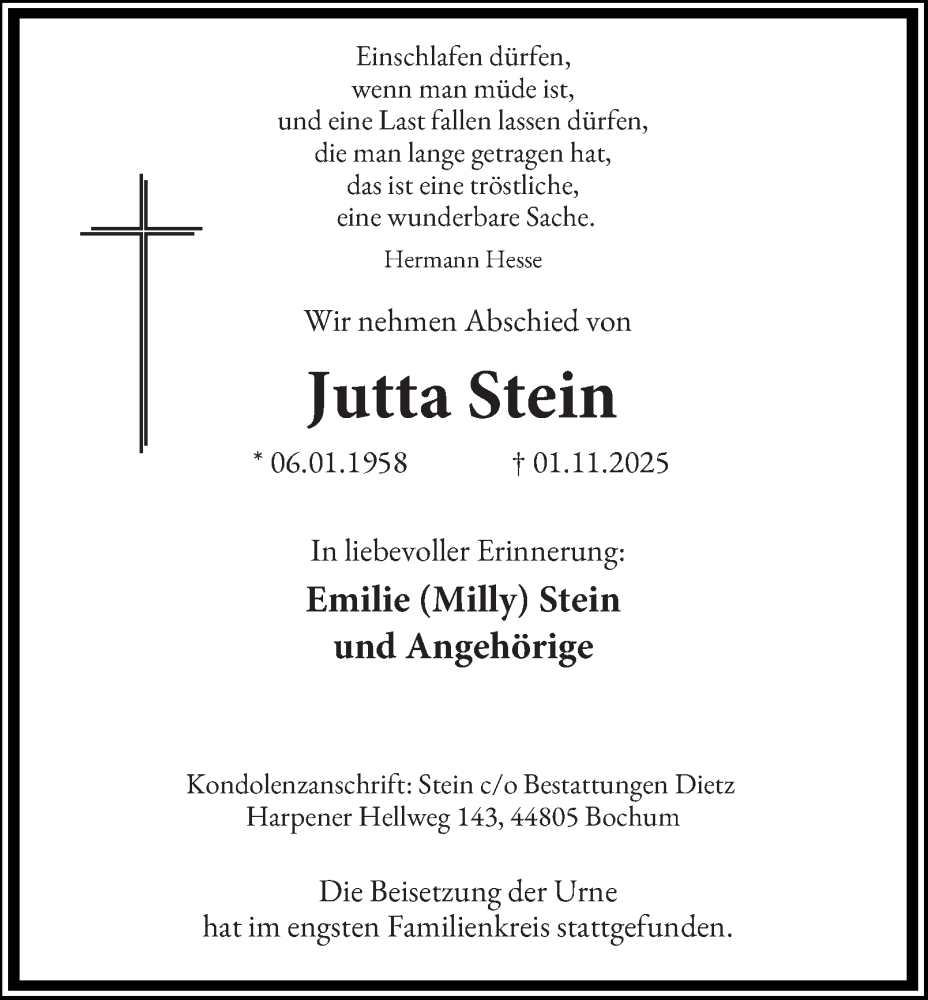  Traueranzeige für Jutta Stein vom 29.11.2025 aus Tageszeitung
