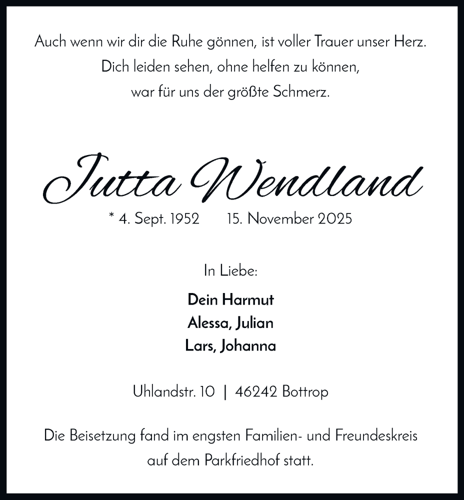  Traueranzeige für Jutta Wendland vom 29.11.2025 aus Tageszeitung