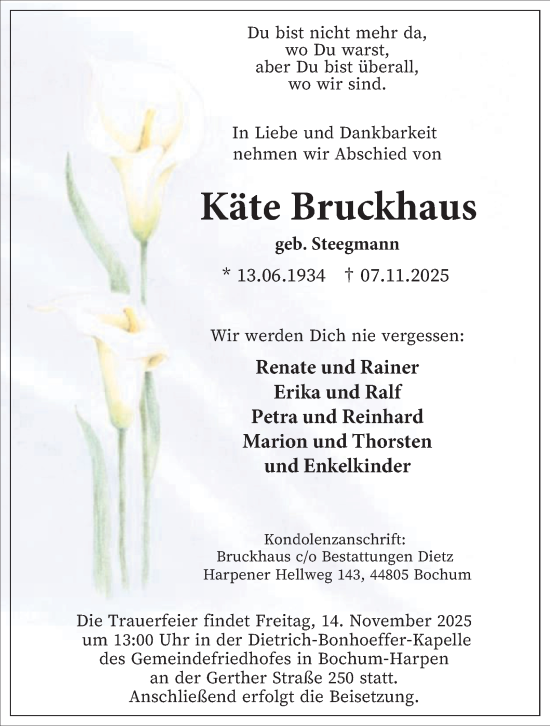 Traueranzeige von Käte Bruckhaus von Tageszeitung