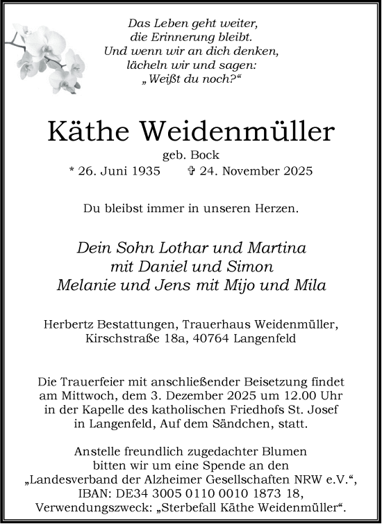 Traueranzeige von Käthe Weidenmüller von Tageszeitung