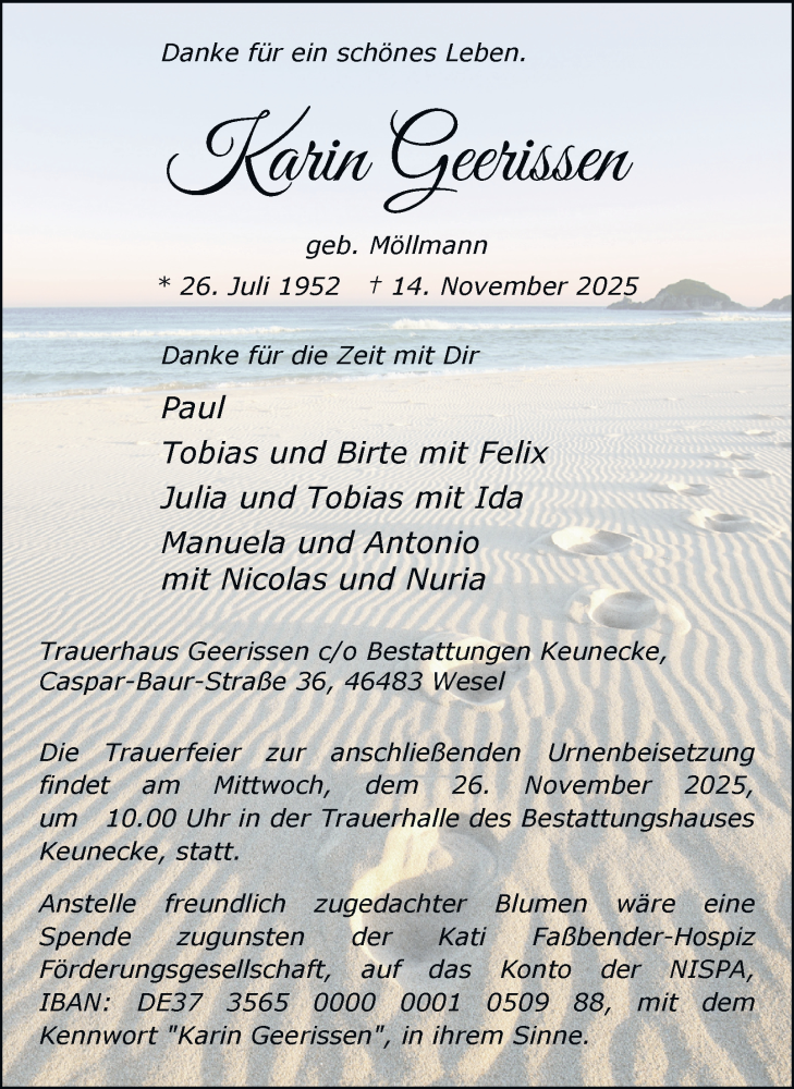  Traueranzeige für Karin Geerissen vom 20.11.2025 aus Tageszeitung