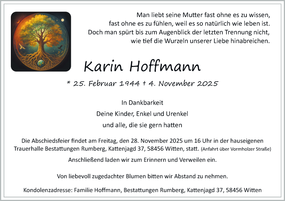  Traueranzeige für Karin Hoffmann vom 22.11.2025 aus Tageszeitung