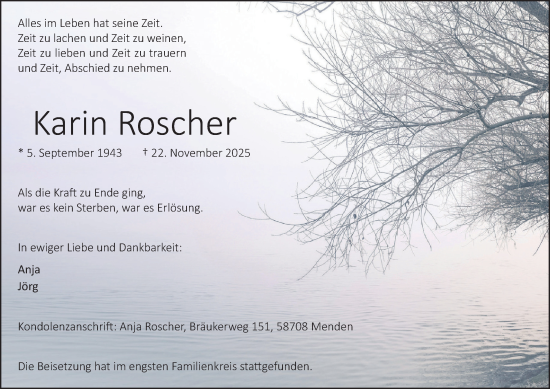 Traueranzeige von Karin Roscher von Tageszeitung