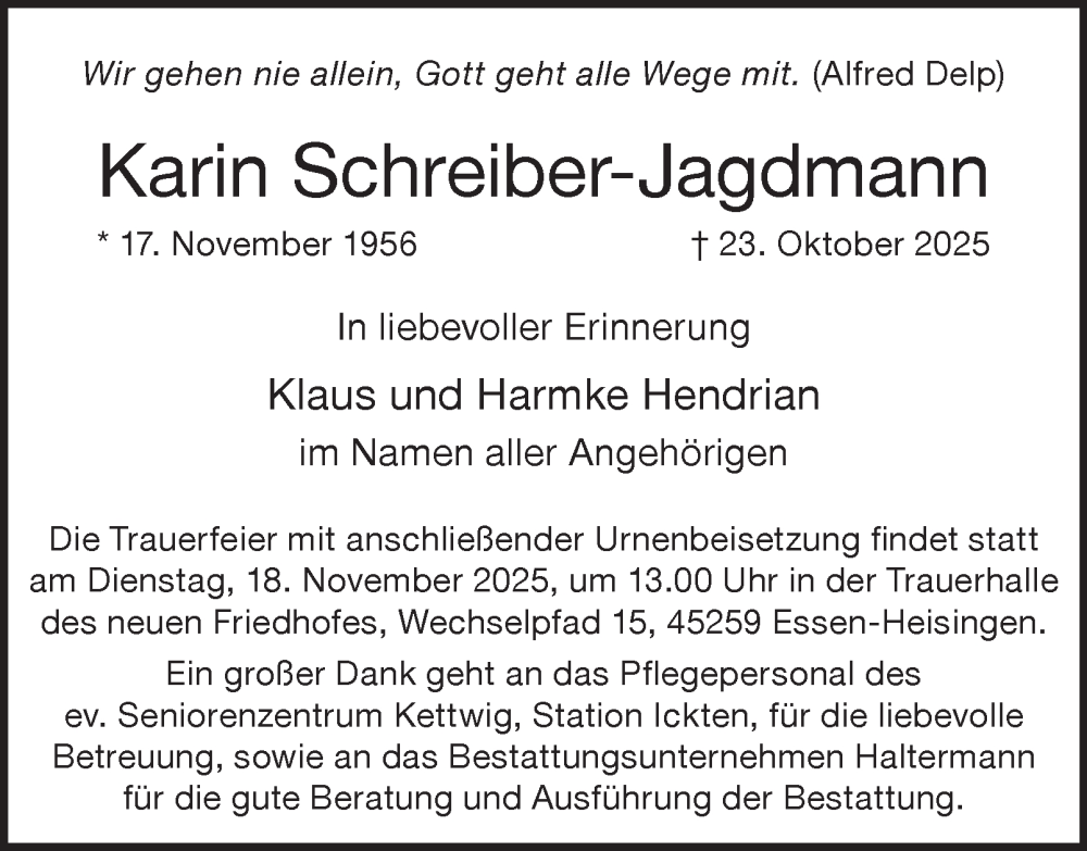  Traueranzeige für Karin Schreiber-Jagdmann vom 15.11.2025 aus Tageszeitung